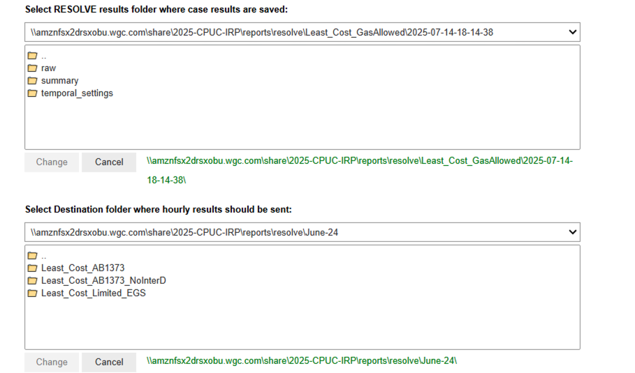 RESOLVE dialog box where user can choose case and hourly results.